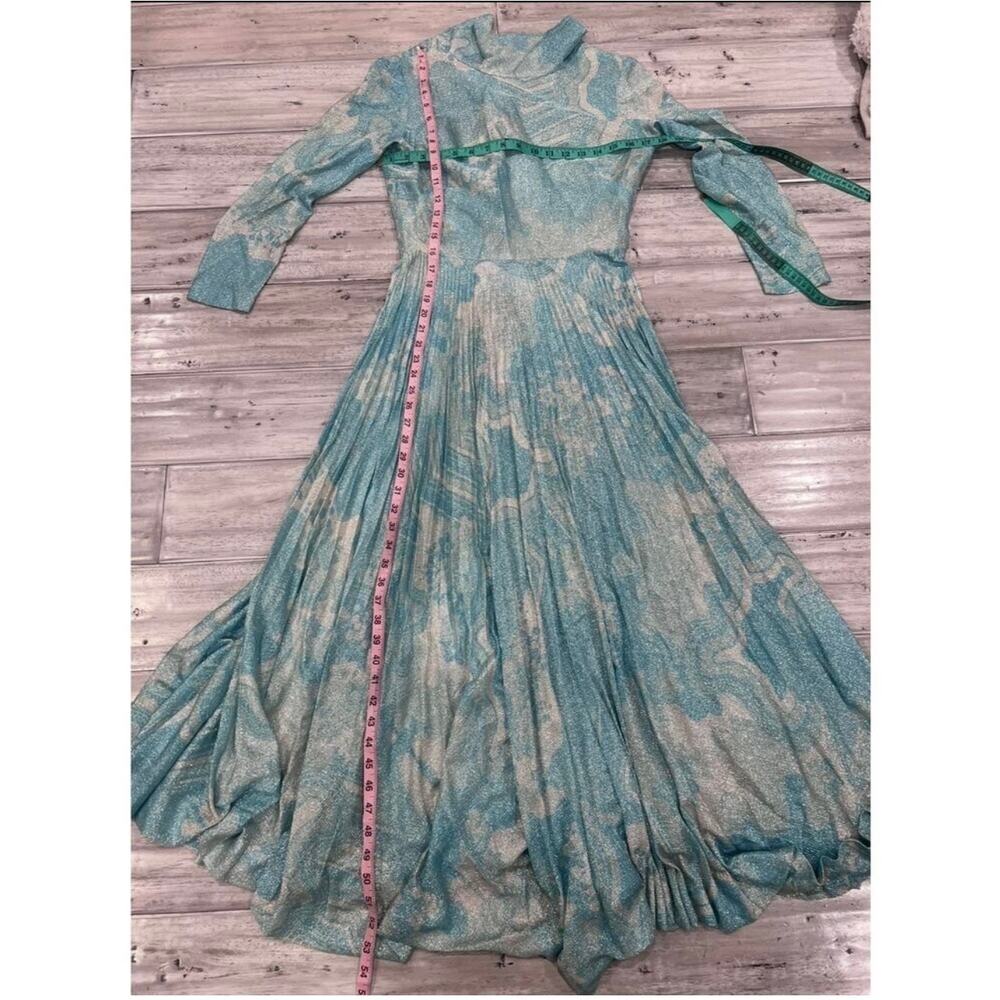 Vintage 1970s Carillon New York Blue Silver Lurex Pleated Maxi Gown - Picture 14 of 16